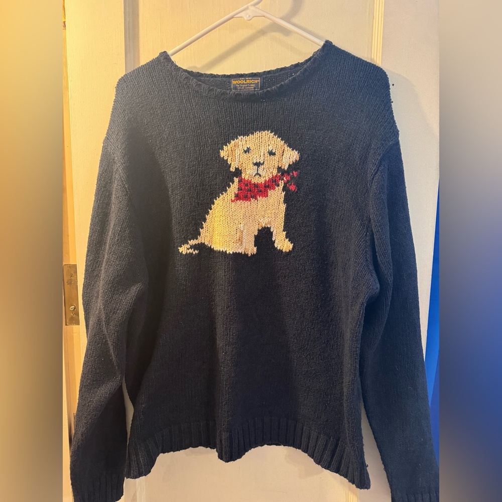Woolrich women’s black cotton sweater XL festive pup